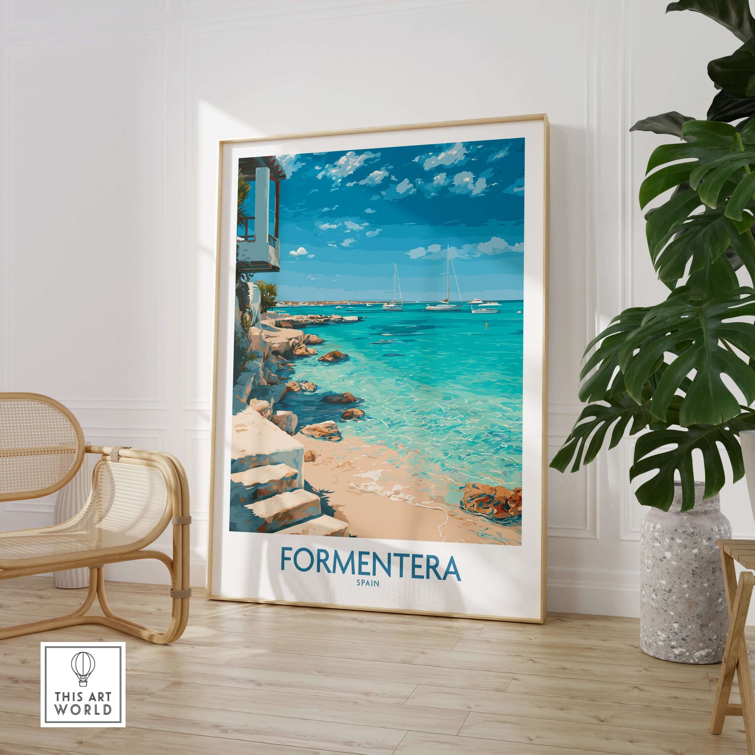 Formentera Spain Turquoise Water Art Print | Balearic Island Beach Poster displayed in a modern living room.