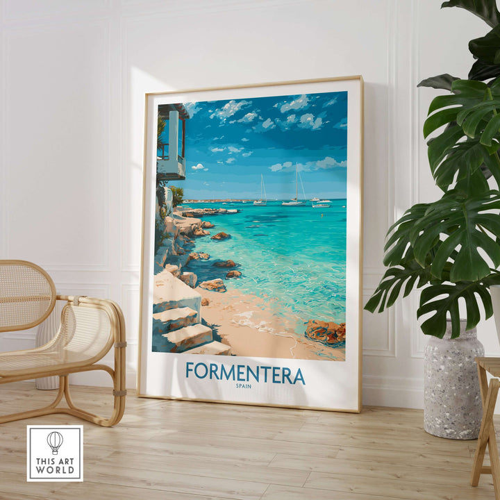 Formentera Spain Turquoise Water Art Print | Balearic Island Beach Poster showcased in a bright, modern living space.