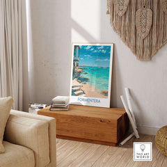 Formentera Spain Turquoise Water Art Print | Balearic Island Beach Poster displayed in a cozy living room setting.
