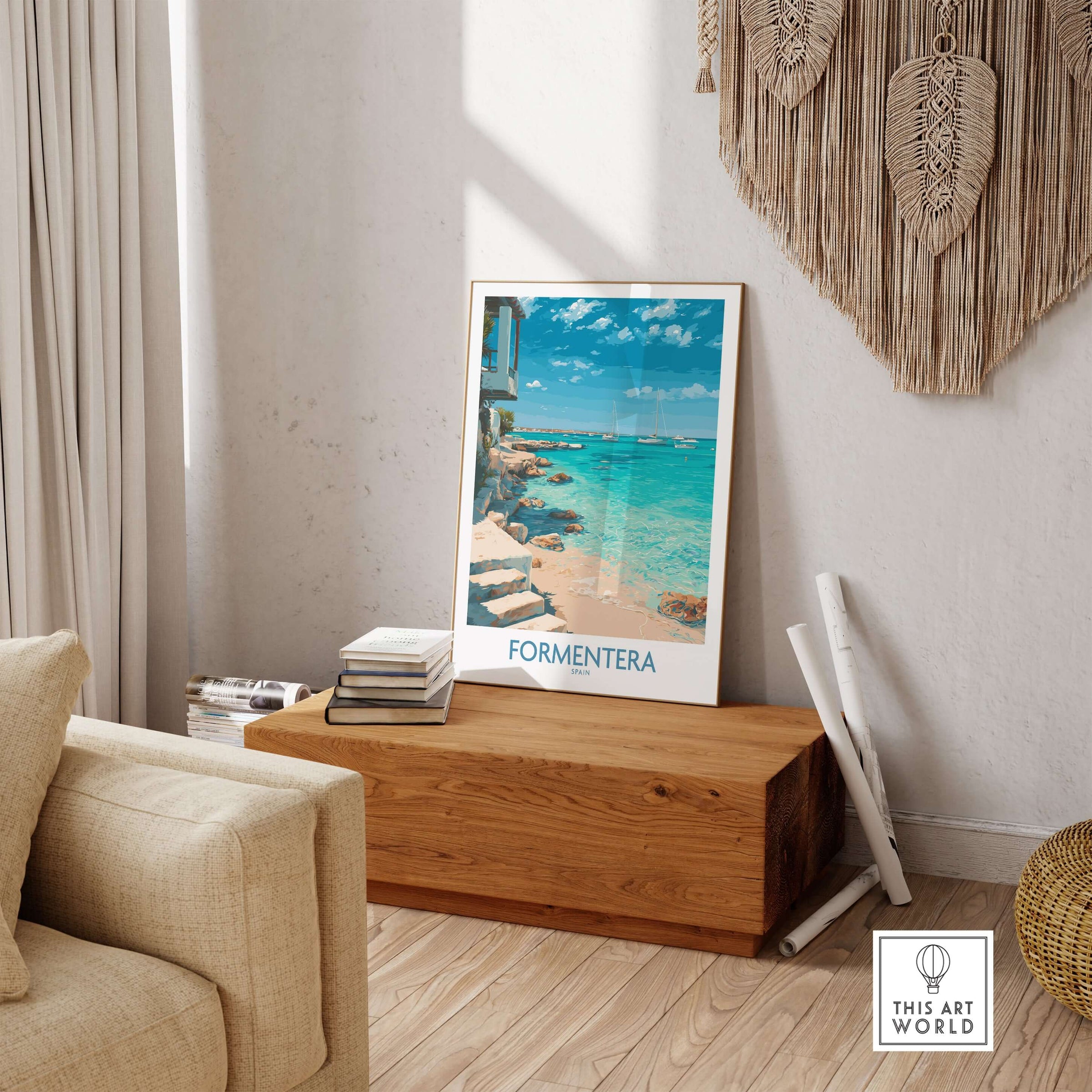 Formentera Spain Turquoise Water Art Print | Balearic Island Beach Poster displayed in a cozy living room setting.