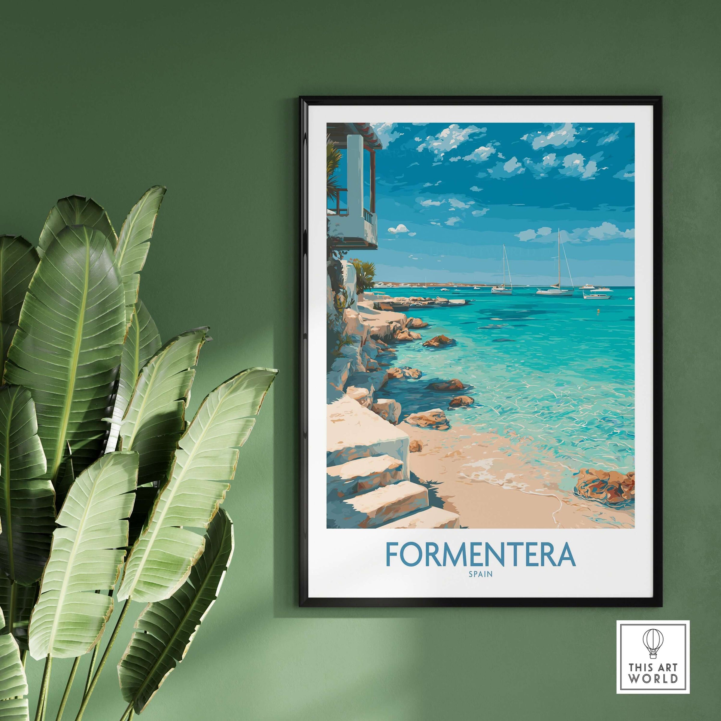 Formentera Spain Turquoise Water Art Print | Balearic Island Beach Poster showcasing stunning turquoise waters and a beach.