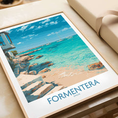 Formentera Spain Turquoise Water Art Print | Balearic Island Beach Poster framed on a tabletop showing serene beach scene.