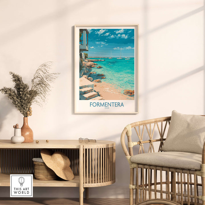 Formentera Spain Turquoise Water Art Print | Balearic Island Beach Poster displayed in a stylish living room setting.