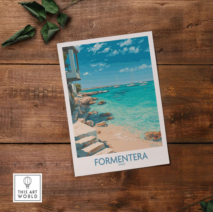 Formentera Spain Turquoise Water Art Print | Balearic Island Beach Poster showcasing turquoise waters and scenic beach.
