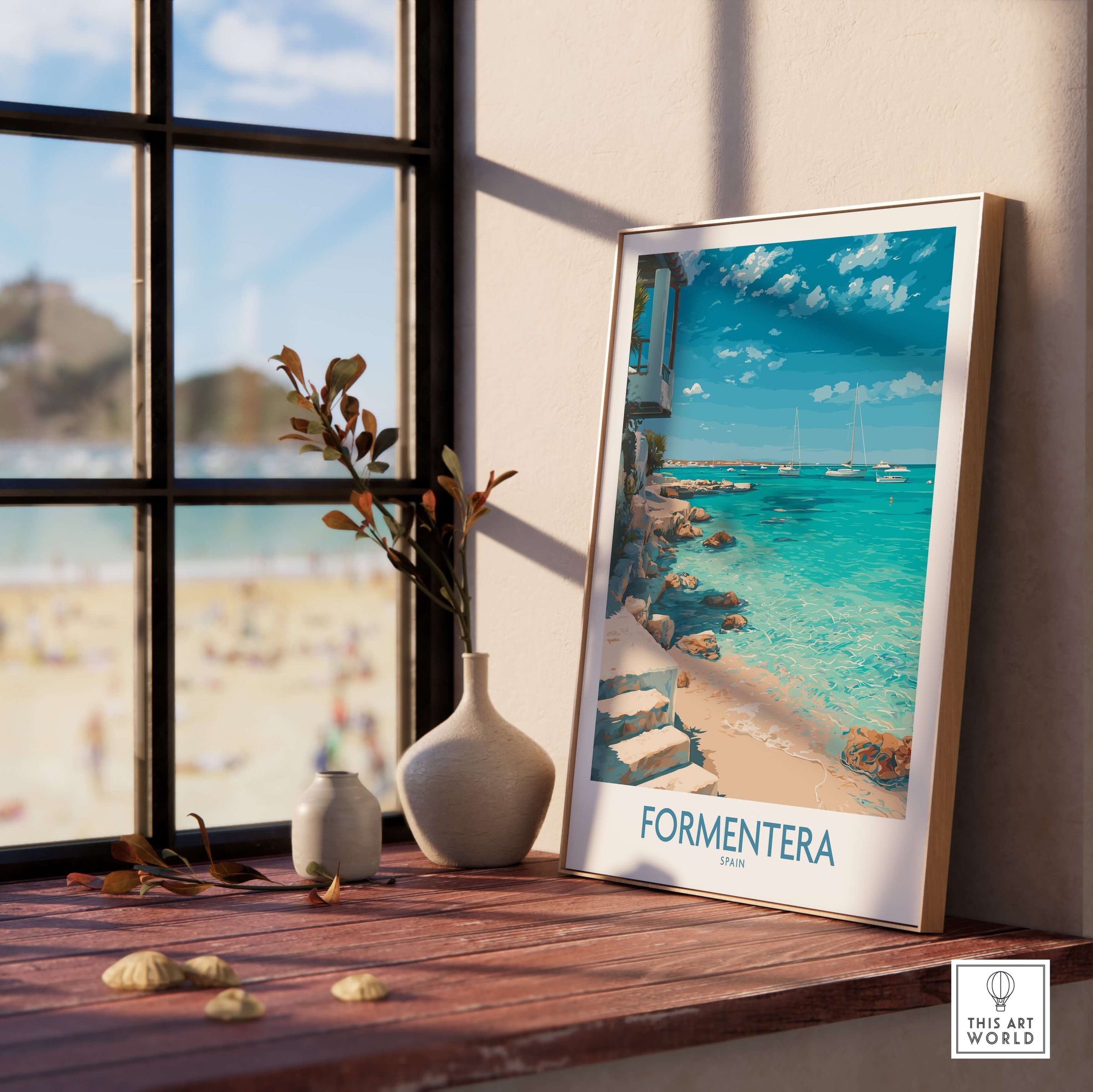 Formentera Spain Turquoise Water Art Print | Balearic Island Beach Poster displayed in a sunny interior with a seaside view.