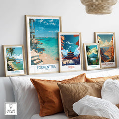 Formentera Spain Turquoise Water Art Print | Balearic Island Beach Poster displayed in a stylish home decor setting.