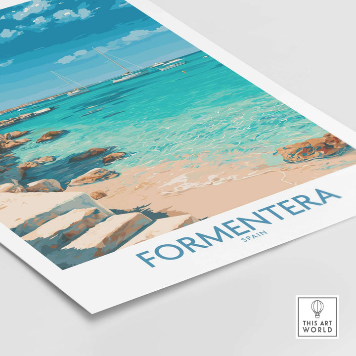Formentera Spain Turquoise Water Art Print | Balearic Island Beach Poster featuring turquoise waters and rocky shores.