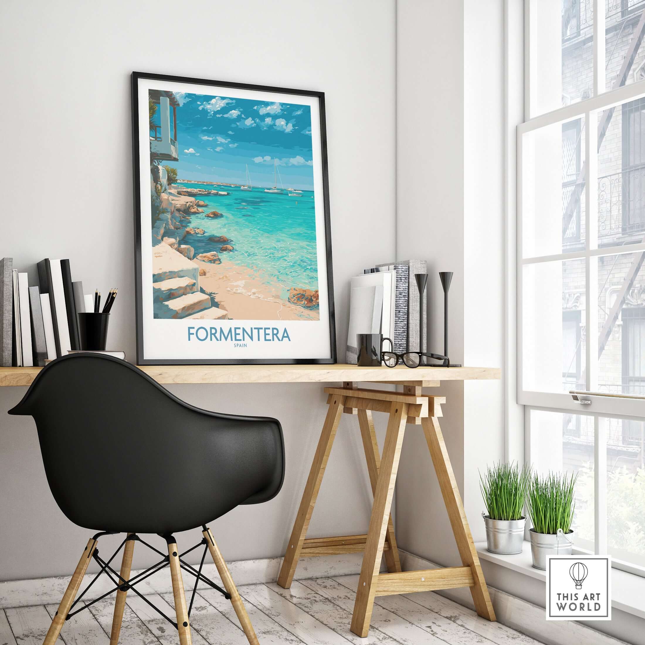 Formentera Spain Turquoise Water Art Print | Balearic Island Beach Poster displayed in a stylish interior with a desk.