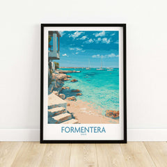 Formentera Spain Turquoise Water Art Print | Balearic Island Beach Poster displayed in a stylish frame, showcasing serene coastal scenery.