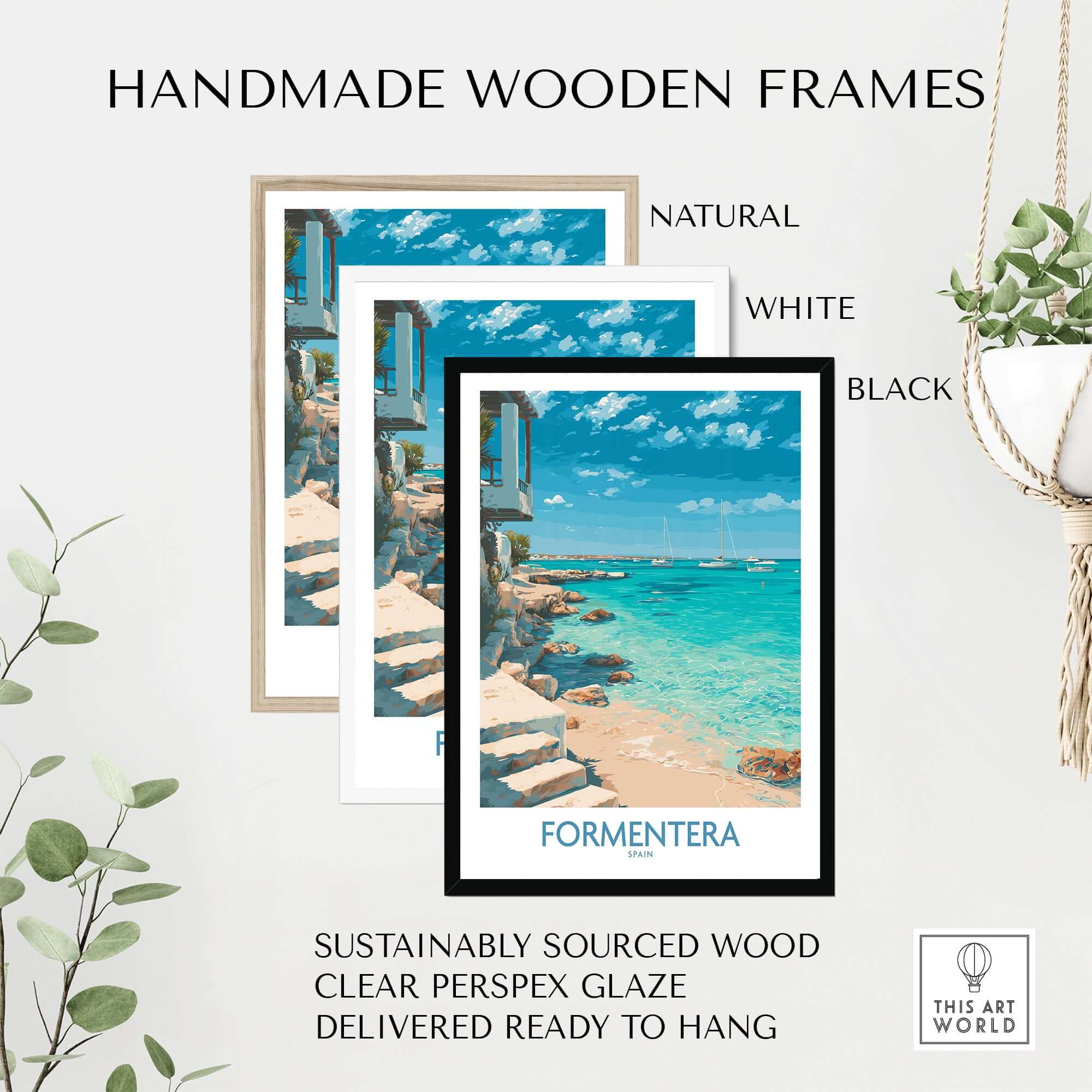 Formentera Spain Turquoise Water Art Print | Balearic Island Beach Poster framed in natural, white, black wood frames.