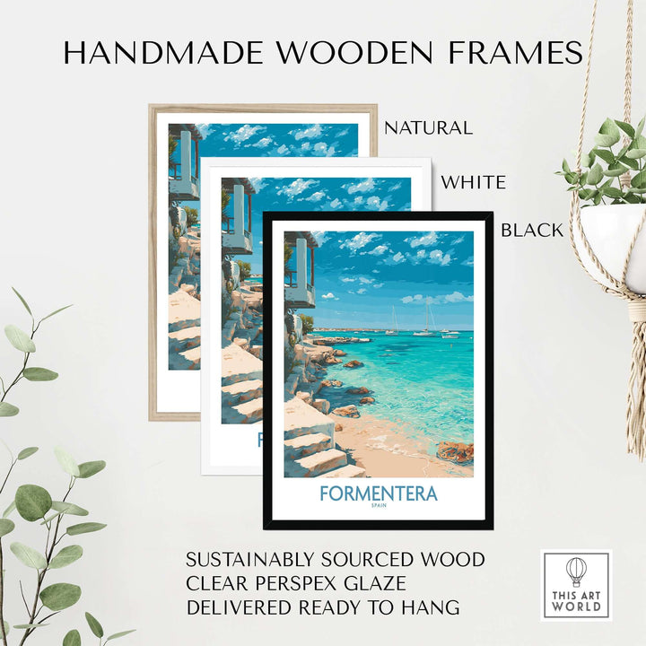 Formentera Spain Turquoise Water Art Print | Balearic Island Beach Poster displayed in handmade wooden frames.
