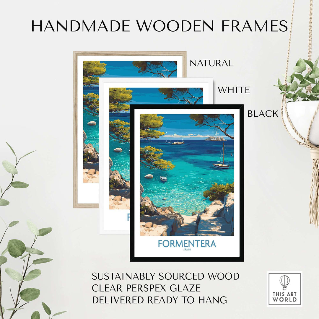 Formentera Spain Yacht Sailing Art Print | Pine Tree Beach View Poster displayed in handmade wooden frames.