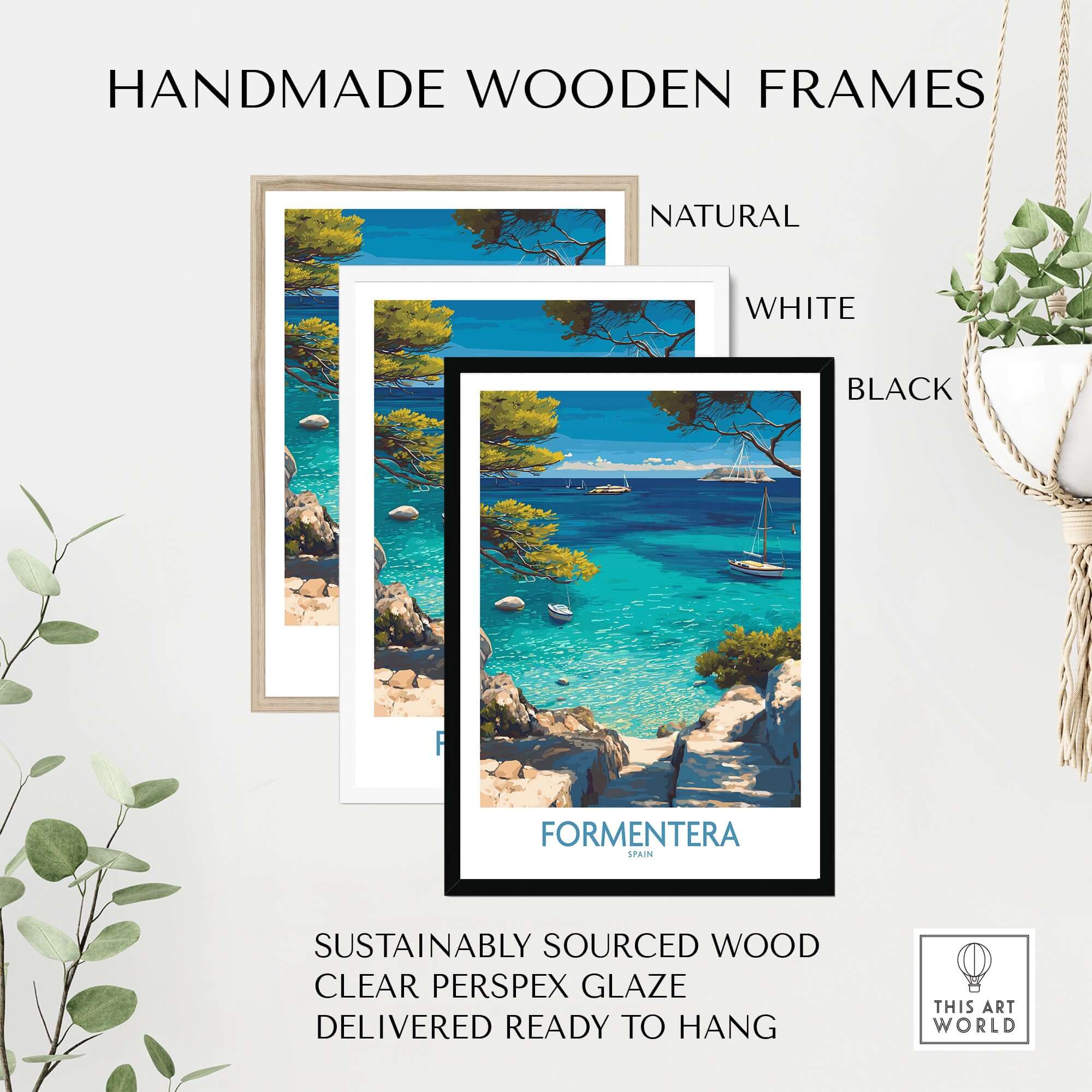 Formentera Spain Yacht Sailing Art Print | Pine Tree Beach View Poster framed in handmade wooden frames.