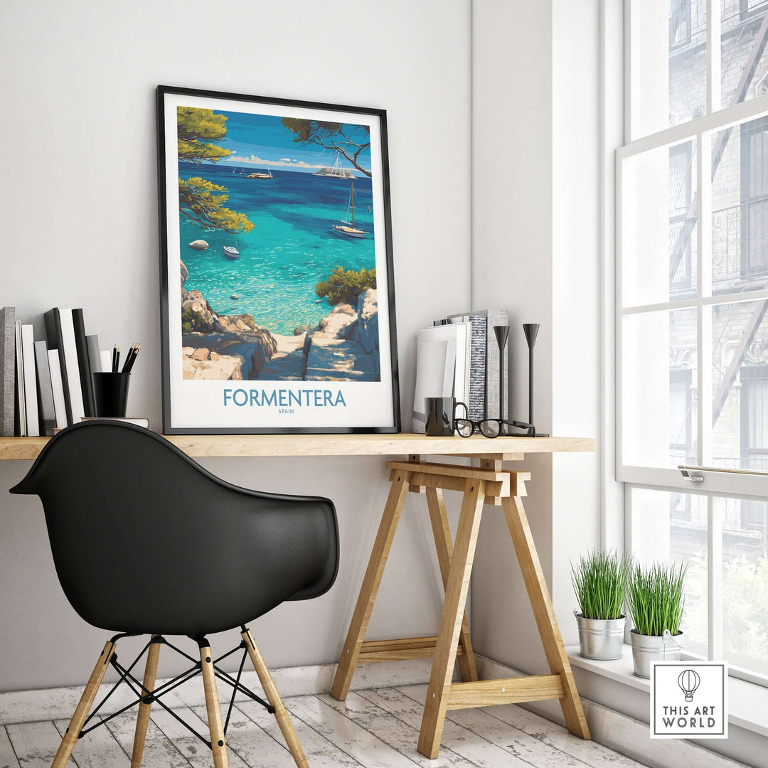 Formentera Spain Yacht Sailing Art Print | Pine Tree Beach View Poster displayed in a stylish home office.
