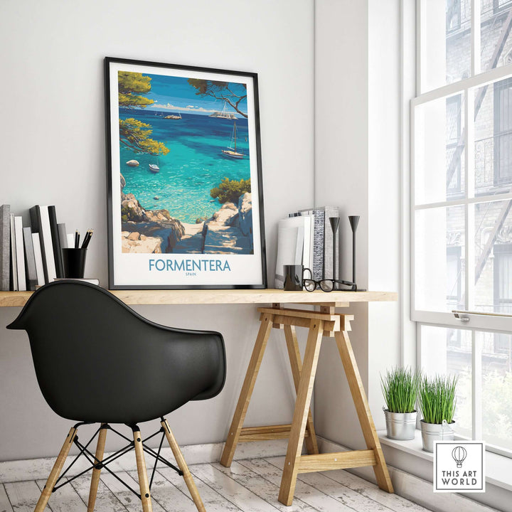 Formentera Spain Yacht Sailing Art Print | Pine Tree Beach View Poster displayed in a stylish home office.
