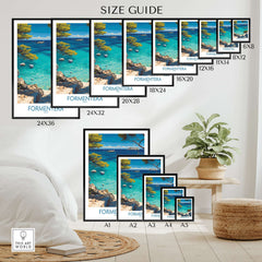 Formentera Spain Yacht Sailing Art Print | Pine Tree Beach View Poster size guide displaying various frame options.