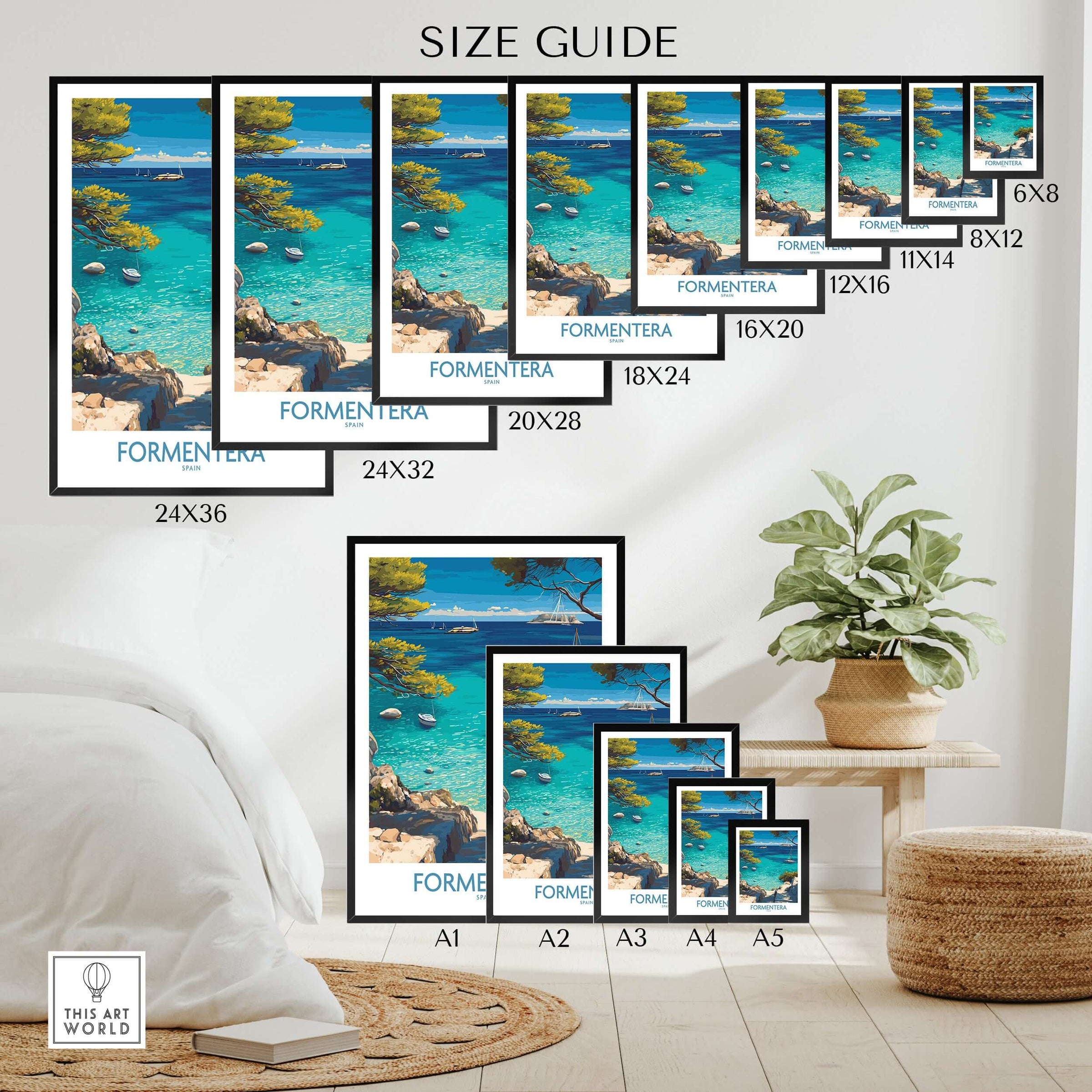 Formentera Spain Yacht Sailing Art Print | Pine Tree Beach View Poster size guide displaying various frame options.