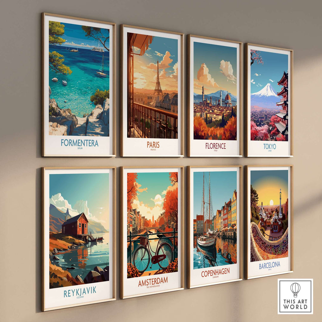 Formentera Spain Yacht Sailing Art Print | Pine Tree Beach View Poster displayed among travel-themed art prints.