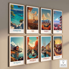 Formentera Spain Yacht Sailing Art Print | Pine Tree Beach View Poster featuring scenic travel art prints.