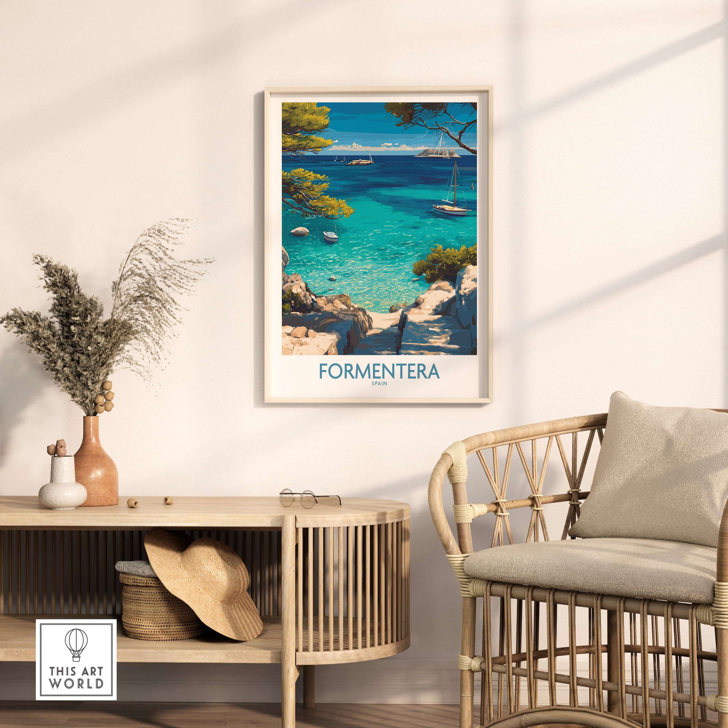 Formentera Spain Yacht Sailing Art Print | Pine Tree Beach View Poster displayed in a stylish living room setting.