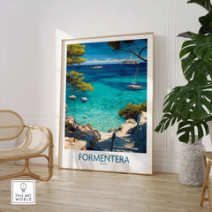 Formentera Spain Yacht Sailing Art Print | Pine Tree Beach View Poster displayed in a stylish interior setting.