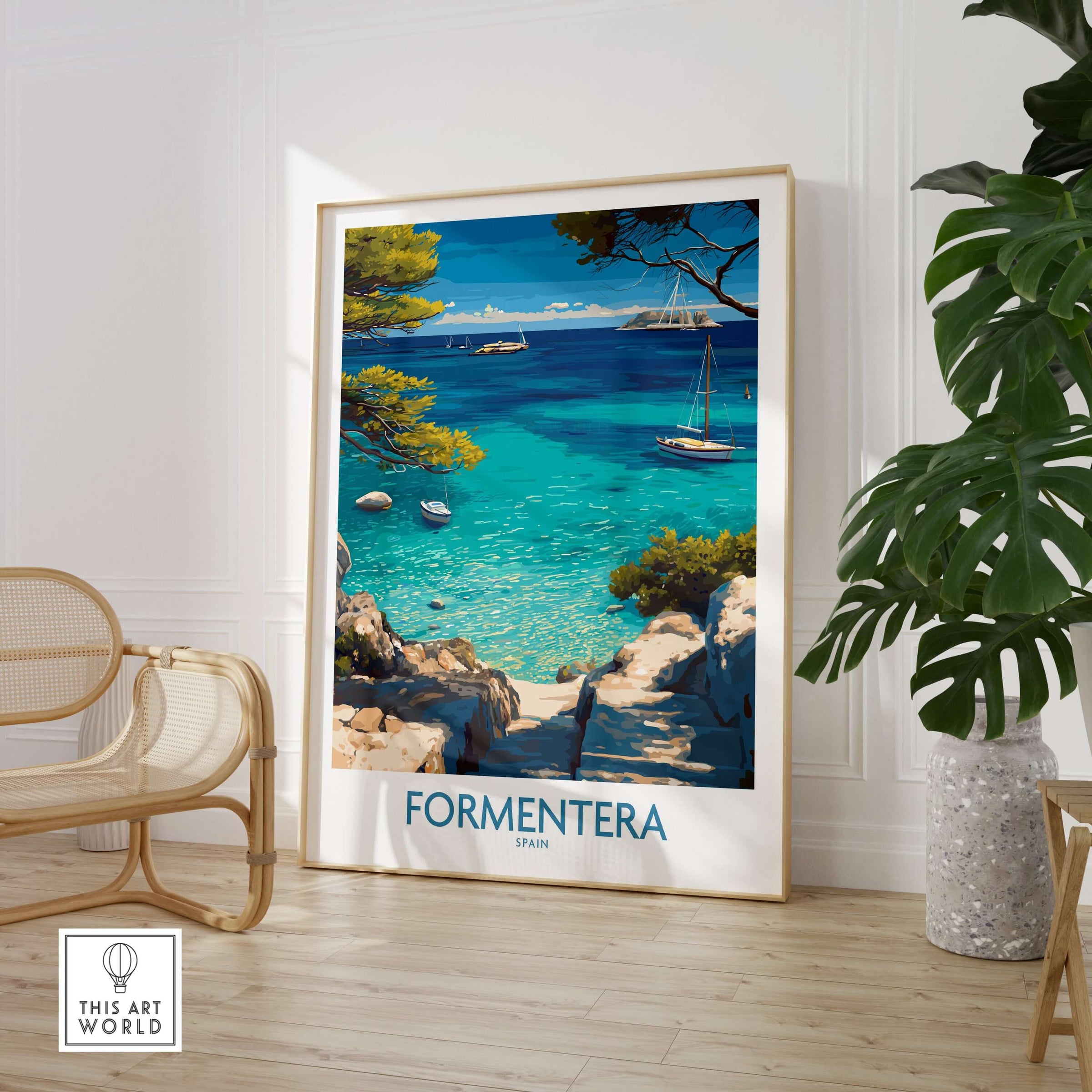 Formentera Spain Yacht Sailing Art Print | Pine Tree Beach View Poster displayed in a stylish interior setting.