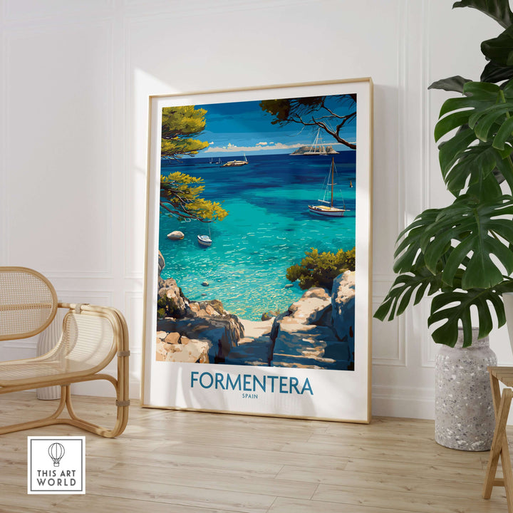 Formentera Spain Yacht Sailing Art Print | Pine Tree Beach View Poster in coastal decor setting