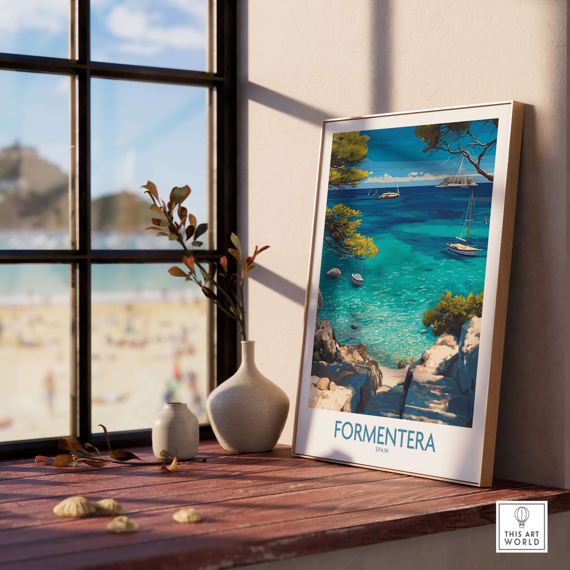 Formentera Spain Yacht Sailing Art Print | Pine Tree Beach View Poster displayed on a wooden table by the window.