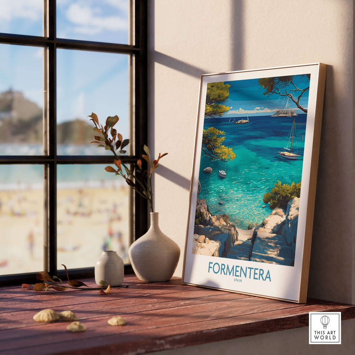 Formentera Spain Yacht Sailing Art Print | Pine Tree Beach View Poster displayed in a serene indoor setting.