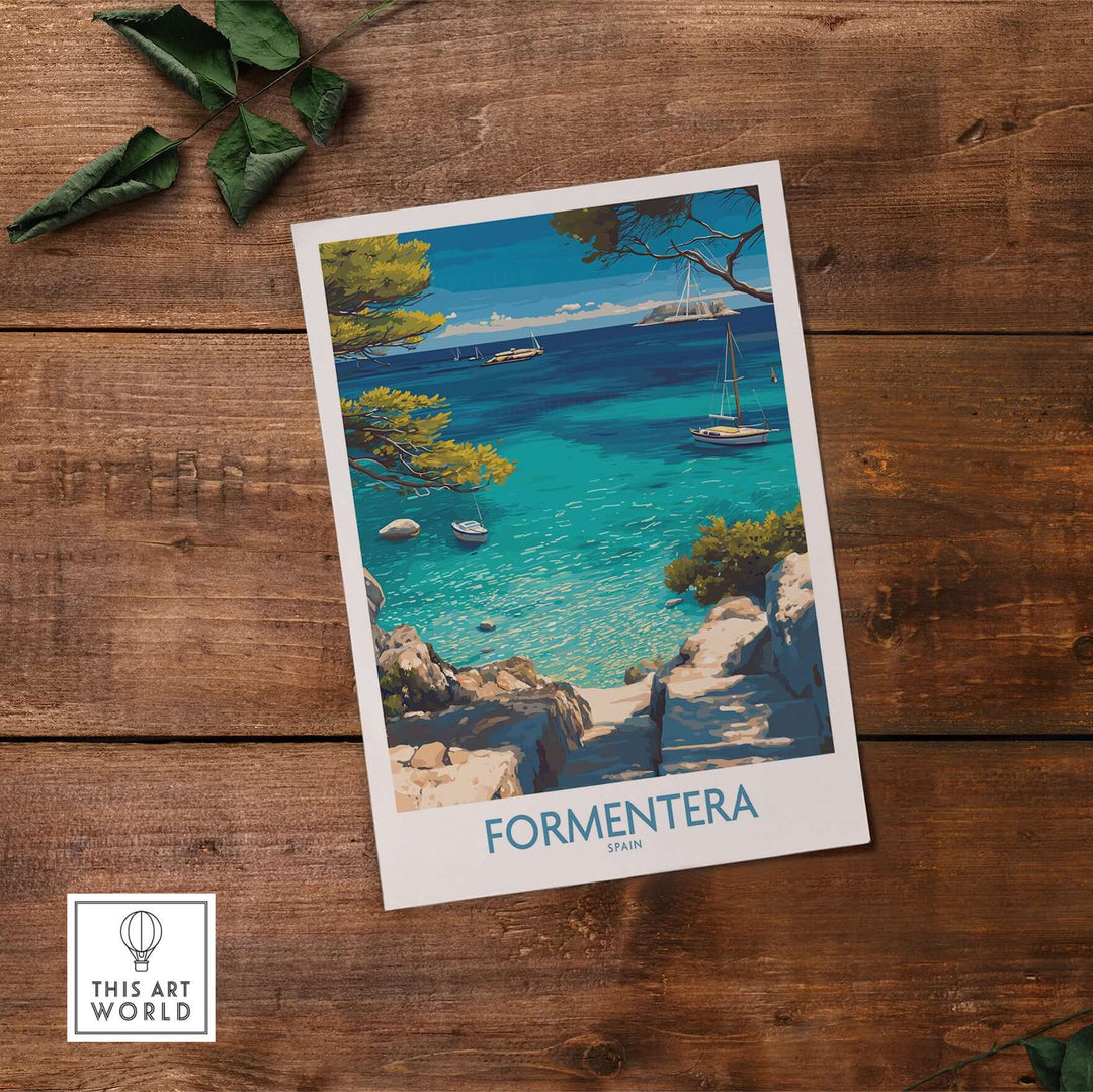 Formentera Spain Yacht Sailing Art Print | Pine Tree Beach View Poster with a scenic beach and yachts.
