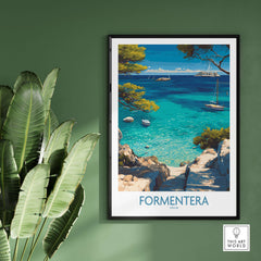 Formentera Spain Yacht Sailing Art Print | Pine Tree Beach View Poster in a stylish frame against a green wall.