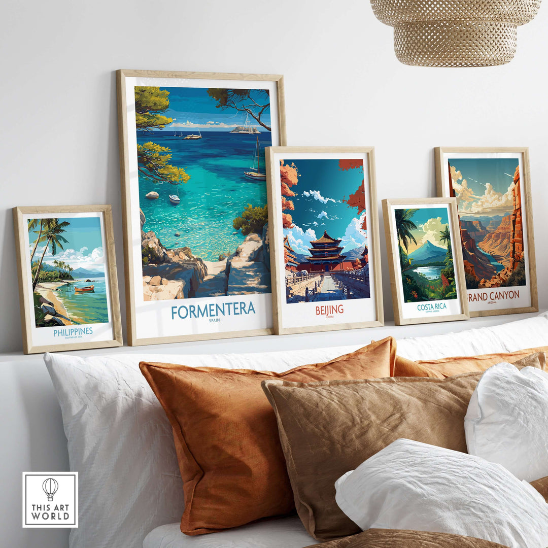 Formentera Spain Yacht Sailing Art Print | Pine Tree Beach View Poster displayed among travel art prints on a stylish wall.