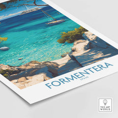 Formentera Spain Yacht Sailing Art Print | Pine Tree Beach View Poster featuring a yacht on turquoise waters.