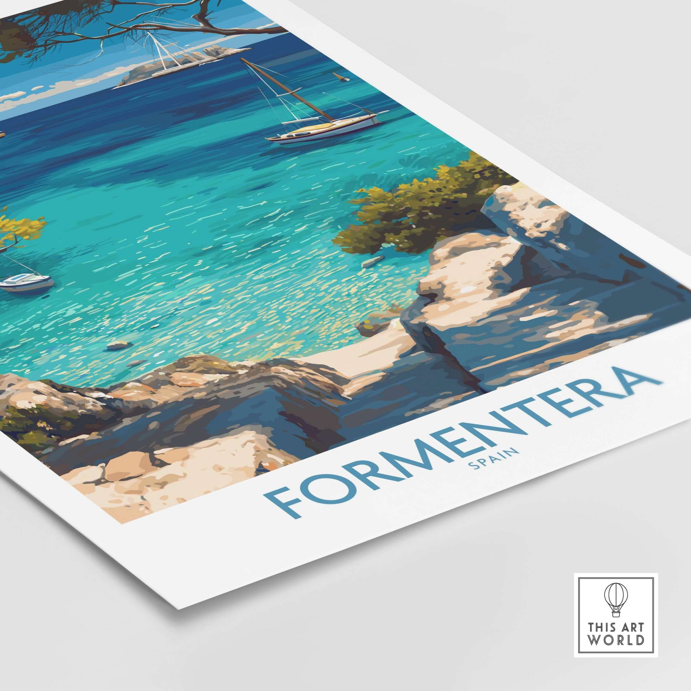 Formentera Spain Yacht Sailing Art Print | Pine Tree Beach View Poster featuring a yacht on turquoise waters.