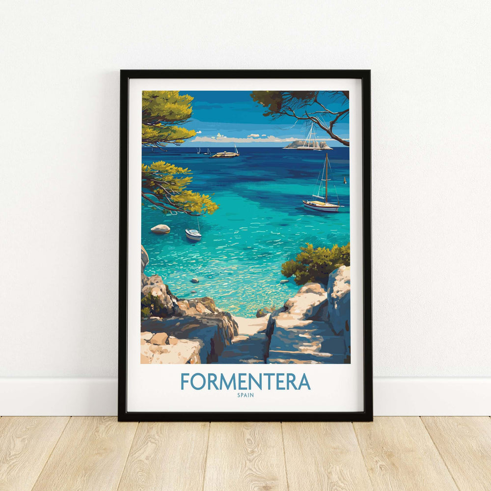 Formentera Spain Yacht Sailing Art Print | Pine Tree Beach View Poster showcasing a tranquil beach and sailing yacht.