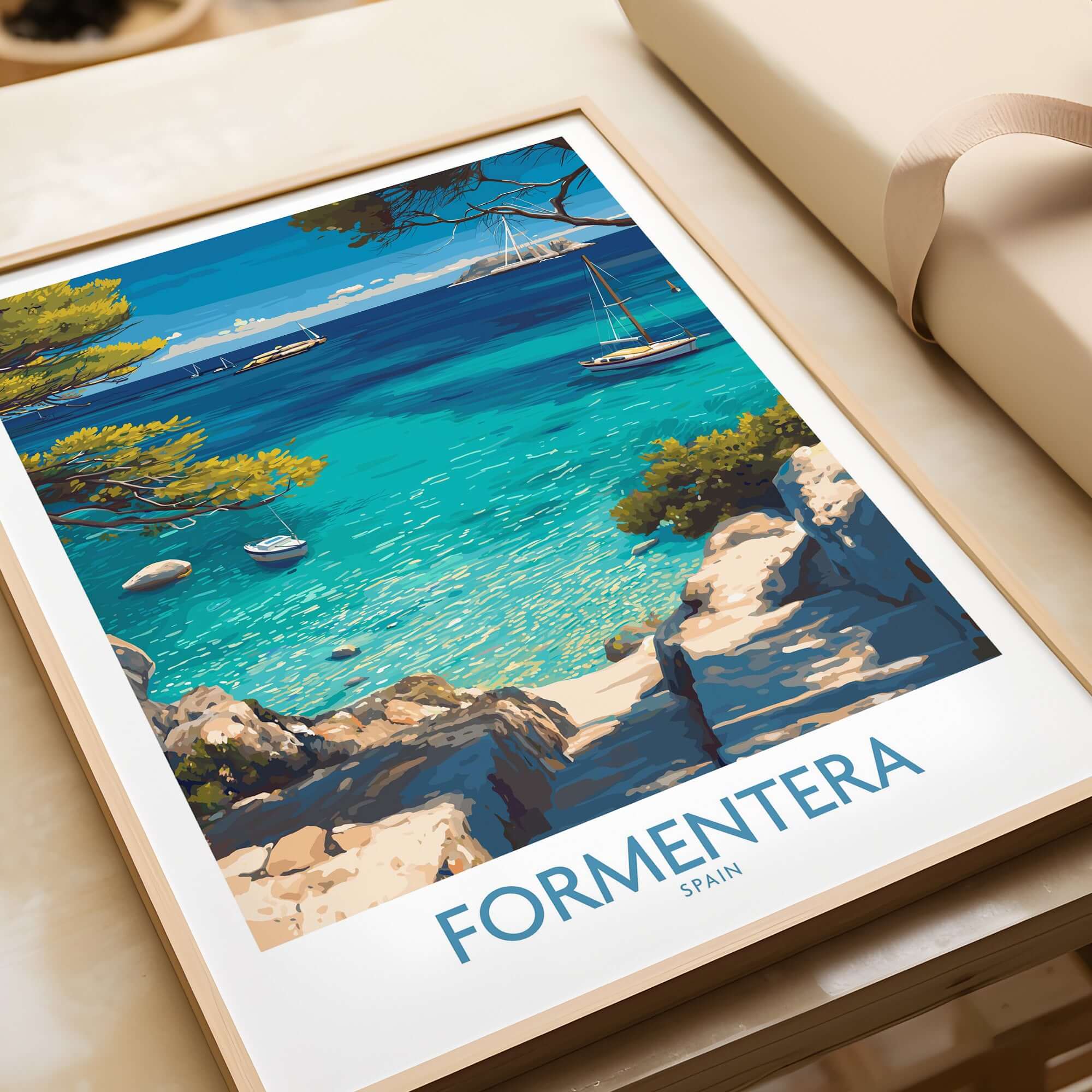 Formentera Spain Yacht Sailing Art Print | Pine Tree Beach View Poster showcasing yacht in crystal-clear waters.