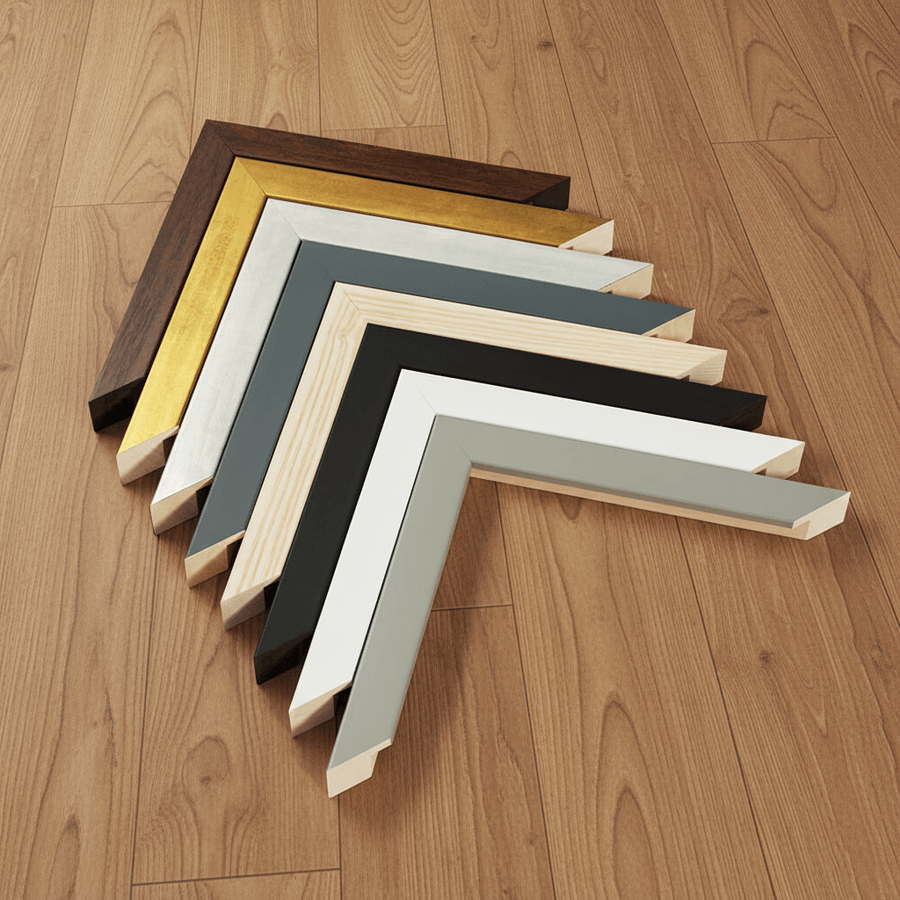 Assorted picture frame corners in various colors and wood finishes on wood flooring
