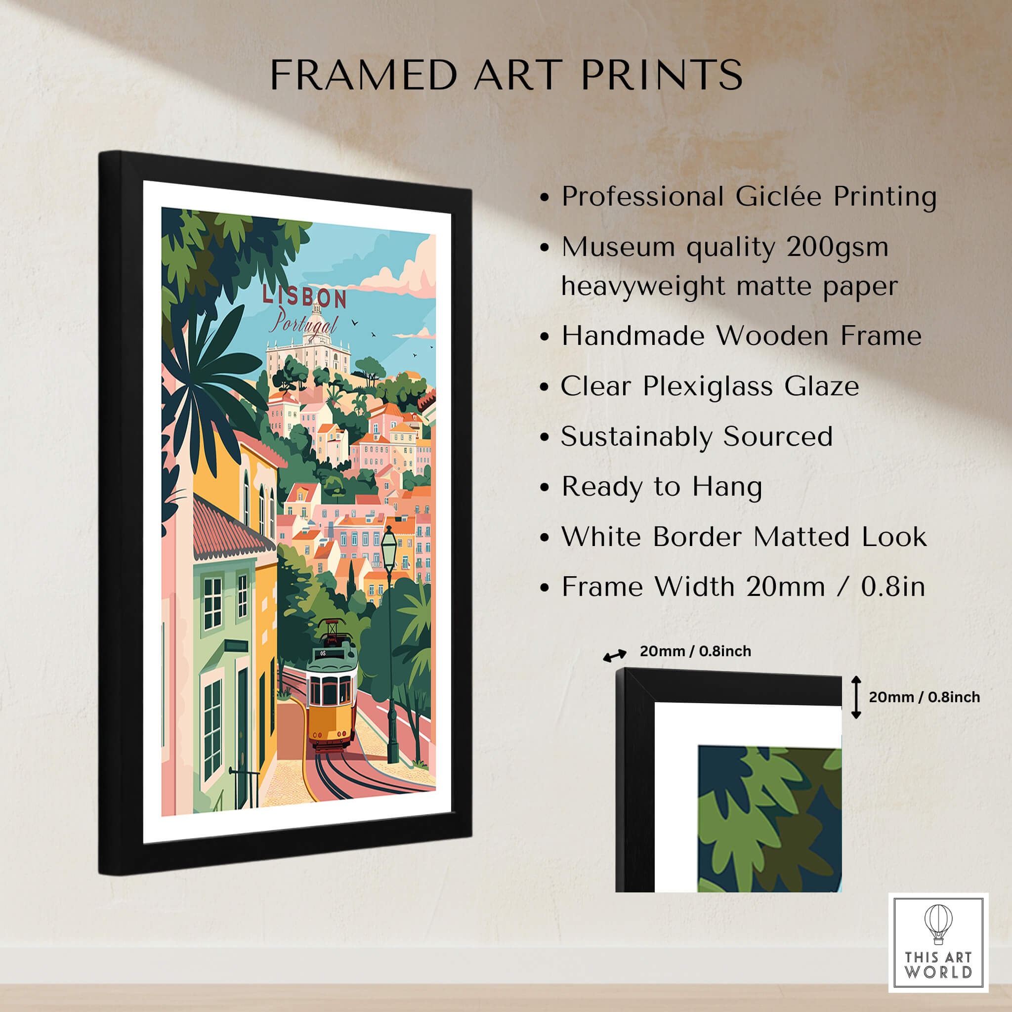 Lisbon Portugal Tram and Castle View Art Print | Pastel Cityscape Poster framed with a professional finish and ready to hang.