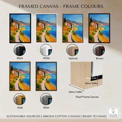Framed Canvas Frame Colours Options including Black, White, Natural, Brown, Gold, and Silver for artwork display.