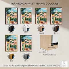 Framed canvas options for Lisbon Portugal Tram and Castle View Art Print | Pastel Cityscape Poster in various colors.