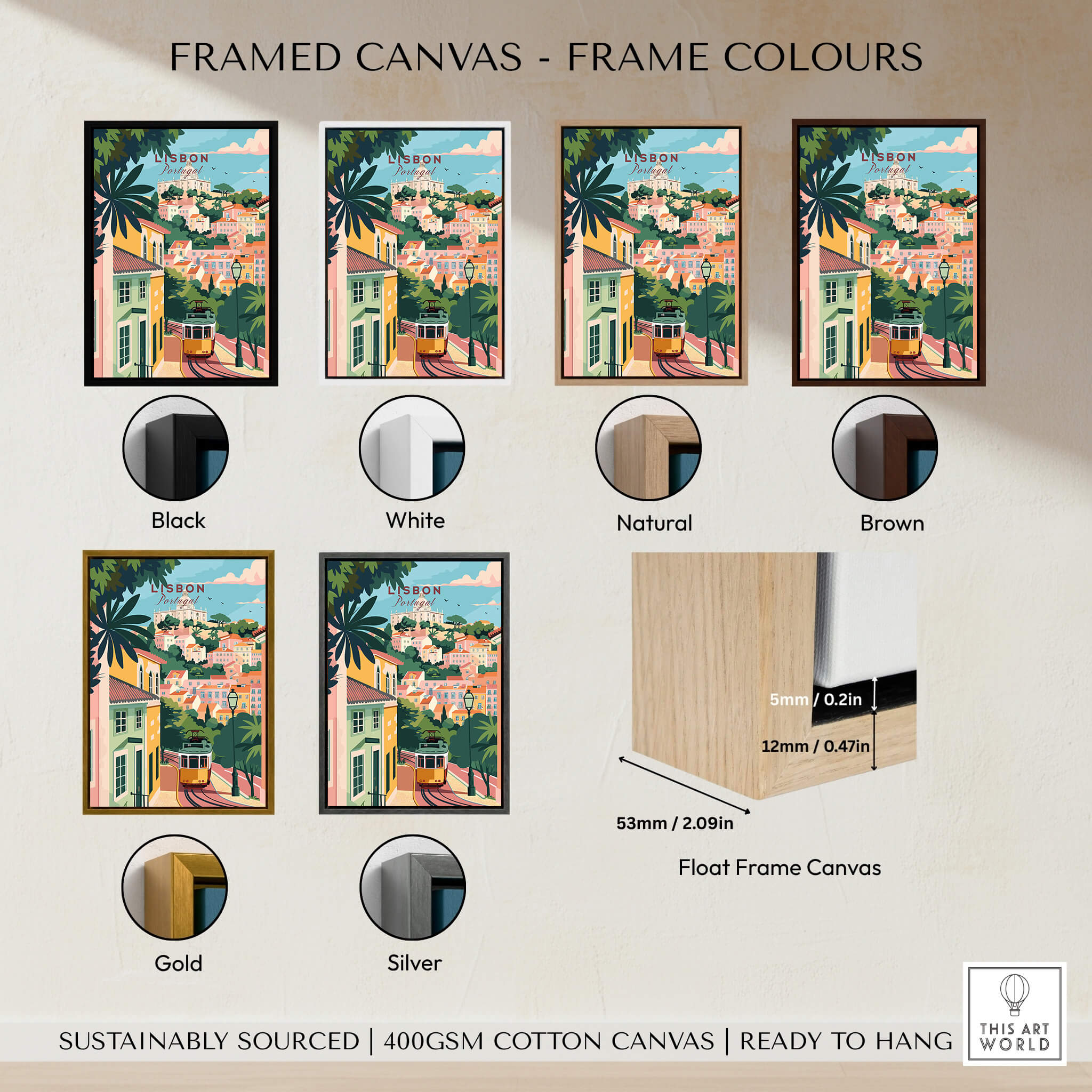 Framed canvas options for Lisbon Portugal Tram and Castle View Art Print | Pastel Cityscape Poster in various colors.