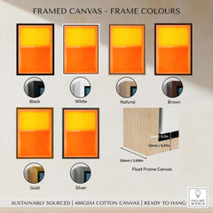 Mark Rothko Orange and Yellow 1956 Canvas Art Print framed in various colors: Black, White, Natural, Brown, Gold, Silver.