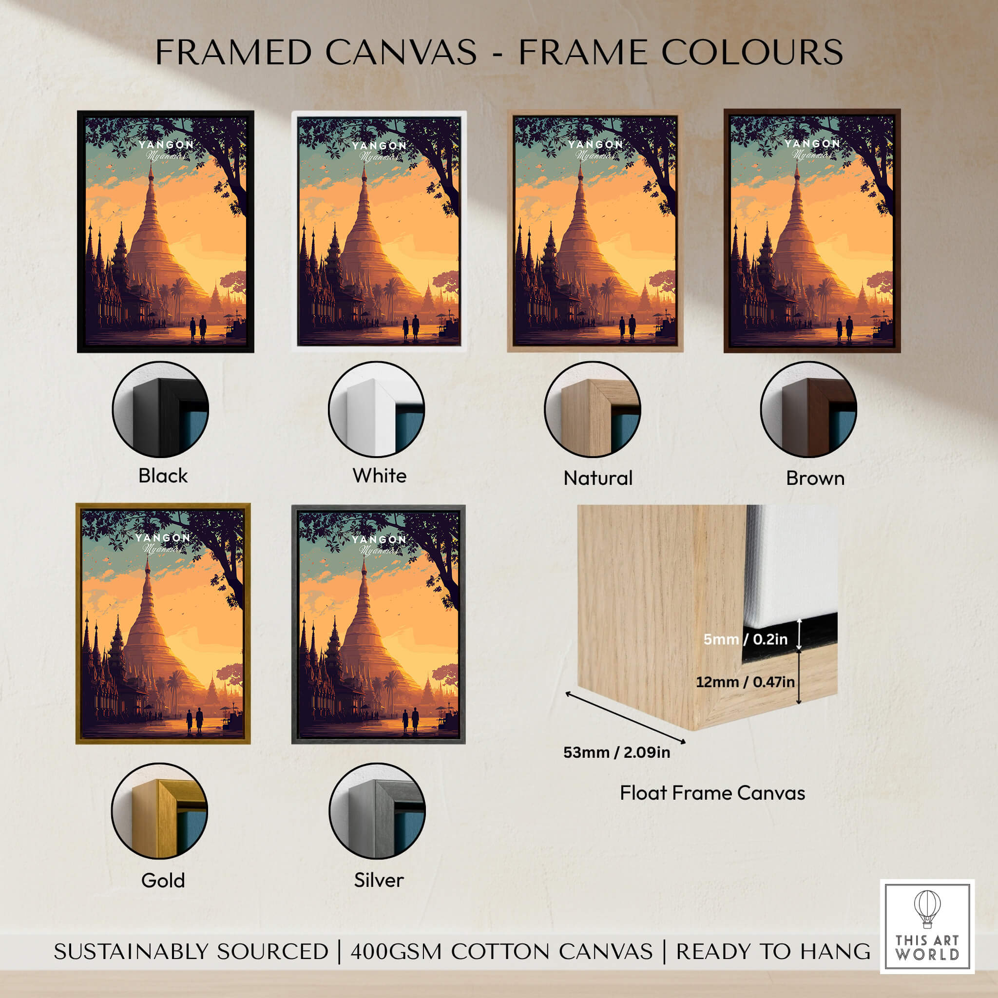 Framed canvas options for Yangon Myanmar Wall Art Print | Shwedagon Pagoda Sunset Travel Poster in various colors.