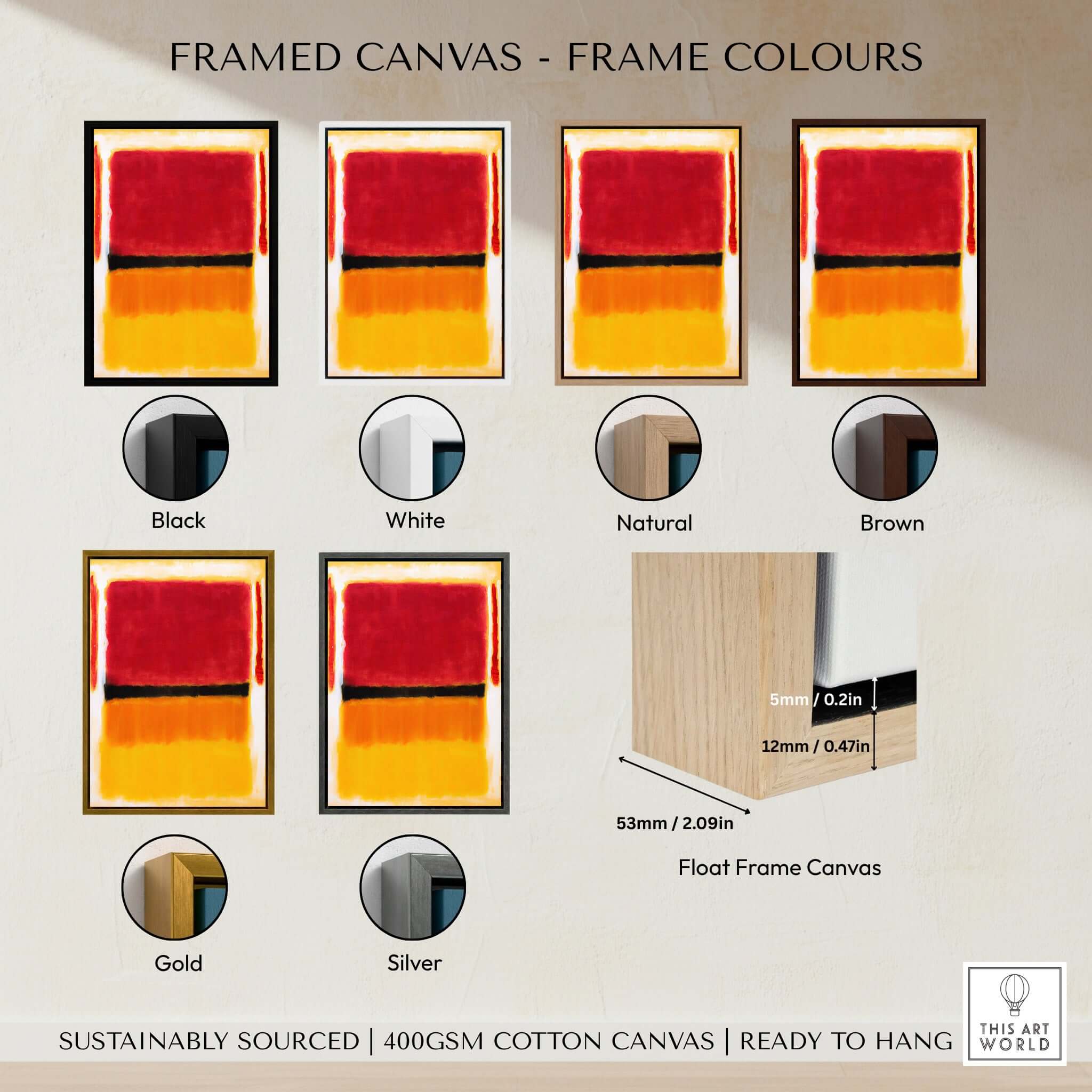Framed canvas color options including Black, White, Natural, Brown, Gold, and Silver for Mark Rothko Violet Black Orange Yellow 1949