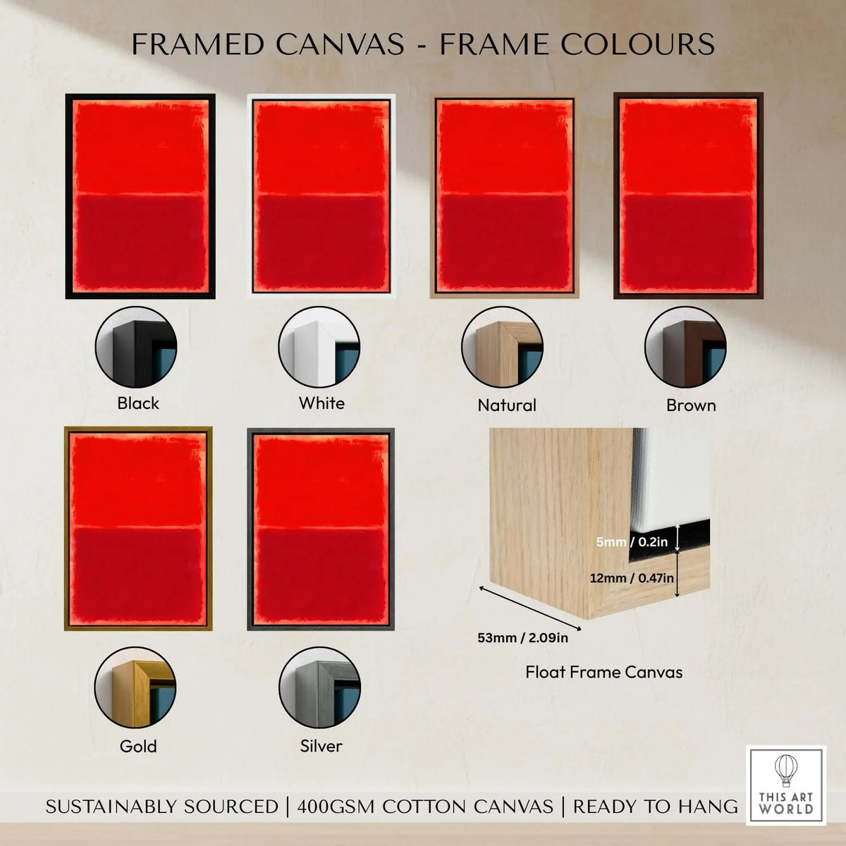 Framed canvas options showcasing frame colors for Mark Rothko Untitled Red on Red 1969 Abstract Canvas Art Print.