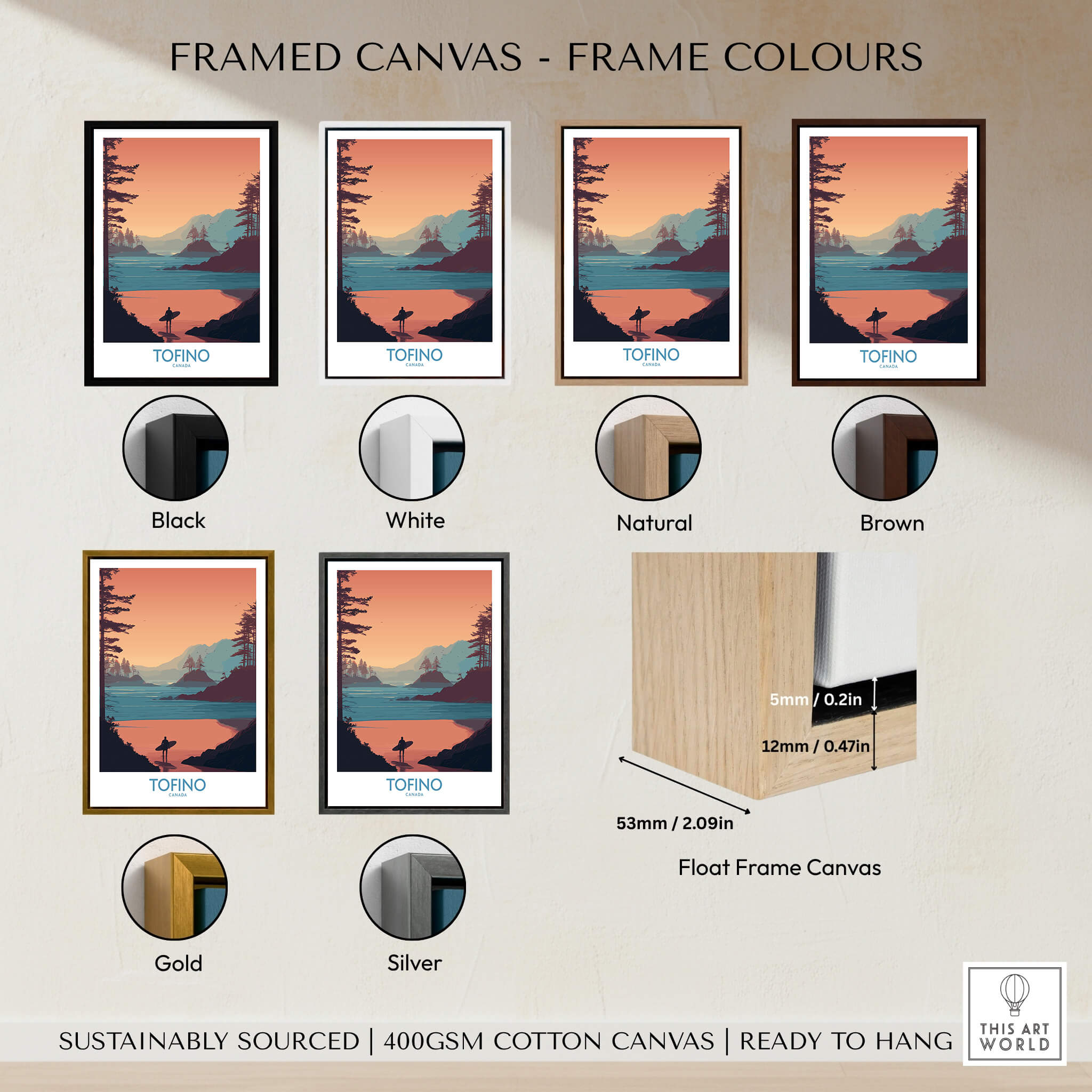 Tofino Canada Canvas Print | Coastal Pine Tree & Ocean View Poster framed in various colors including black, white, natural, and brown.