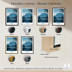 Tofino Canada Poster | Serene Canoe Landscape Scene Canvas Print variations with frame colors in black, white, natural, brown, gold, and silver.