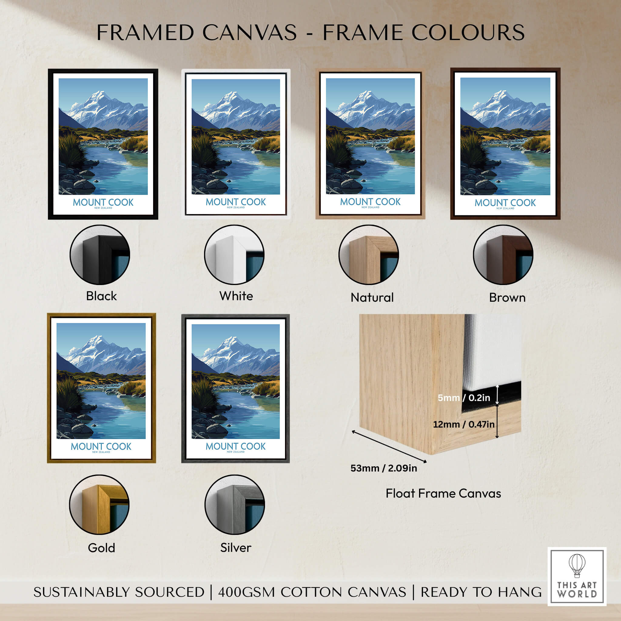 Framed canvas print options for Mount Cook New Zealand Canvas Print | Scenic Alpine Landscape Poster in various frame colors.