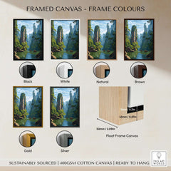 Zhangjiajie Canvas Print | Chinese Landscape Wall Decor available in multiple frame colors including black, white, natural, brown, gold, and silver.