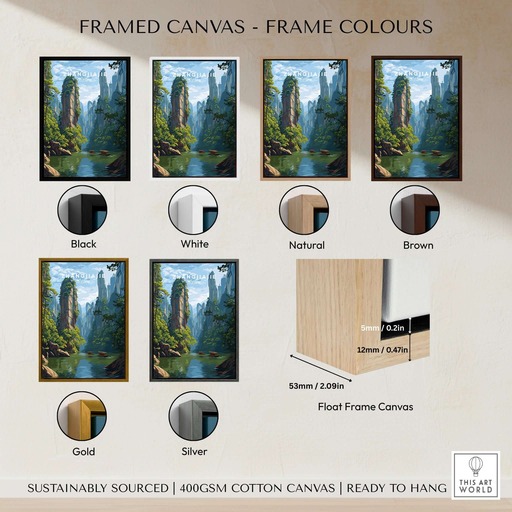 Zhangjiajie Canvas Print | Chinese Landscape Wall Decor available in multiple frame colors including black, white, natural, brown, gold, and silver.